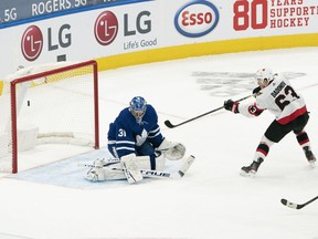 Ottawa Senators right wing Evgenii Dadonov scores a goal against the Toronto Maple Leafs during the overtime period at Scotiabank Arena on Monday in toronto.