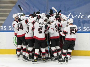 Ottawa Senators celebrate the win at the end of the overtime period against the Toronto Maple Leafs at Scotiabank Arena. Mandatory Credit: Nick Turchiaro-USA TODAY Sports ORG XMIT: IMAGN-445157