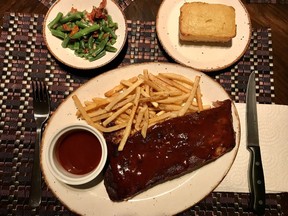 Pork side ribs and cornbread from Meatings, with fries and green bean salad.