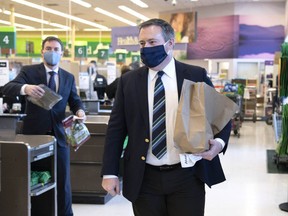 Premier Jason Kenney held a news teleconference from Belmont Sobeys in northeast Edmonton on Feb. 10, 2021.