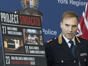 Fausto Lamparelli, of the Italian State Police, Traditional Organized Crime Task Force, speaks to the media as York Regional Police announce arrests as part of Project Sindacato on July 18, 2019.