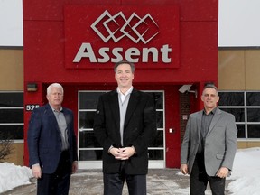 The Assent Compliance team: Andrew Waitman, CEO, centre, Dave Curley, chief revenue officer, left, and Marty Labelle, chief product officer, right, at the company's headquarters.