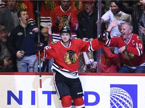 FILE PHOTO: Mar 31, 2017; Chicago, IL, USA; Chicago Blackhawks left wing Artemi Panarin (72) celebrates after he scores a goal.