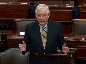 U.S. Senate Minority Leader Mitch McConnell (R-KY) speaks about former U.S. President Donald Trump, accusing him of dereliction of duty, immediately after the U.S. Senate voted to acquit Trump by a vote of 57 guilty to 43 not guilty.