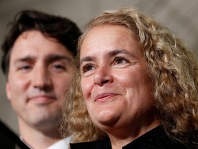 Former astronaut Julie Payette and Prime Minister Justin Trudeau take part in a news conference announcing Payette's appointment as governor general, in the Senate foyer on Parliament Hill in Ottawa, July 13, 2017.