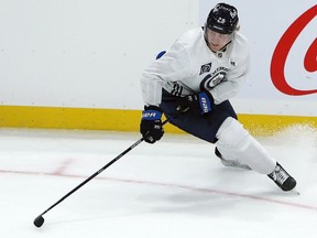 A file photo of Patrik Laine from practice with the Winnipeg Jets, who traded him to the Blue Jackets last week.