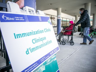 Eligible candidates for the vaccine enter the COVID-19 Immunization Clinic at the Nepean Sportsplex on Sunday, March 14, 2021.