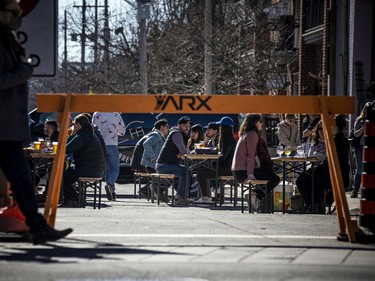 A section of Flora Street was closed to vehicle traffic on Saturday, so Flora Hall Brewing used it for a patio setting, and it turned out to be a busy place.