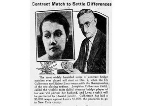 This announcement appeared in the Citizen on Dec. 1, 1931, six days in advance of the the start of the 'most widely heralded series of contract bridge matches ever played.' The month-long contest took place in New York between Ely Culbertson and Sideny Lenz, each of whom claimed the superior system for bidding. Shown in the composite photo are Lenz and Josephine Culbertson, hailed as 'the most skilful contract player of her sex.'