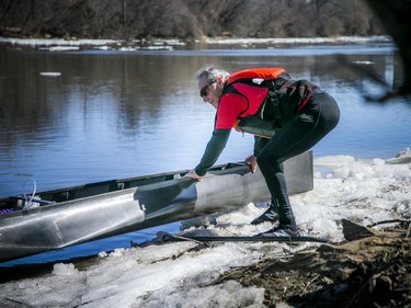 Pierre Lavictoire launched his canoe and went for a paddle in the Rideau River near Clegg Ave. on the first weekend of spring, Sunday, March 21, 2021.