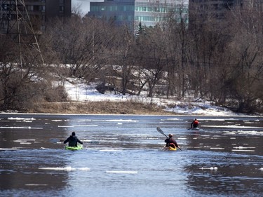 Paddlers dodged the ice on the Rideau River on the first weekend of spring, Sunday, March 21, 2021.