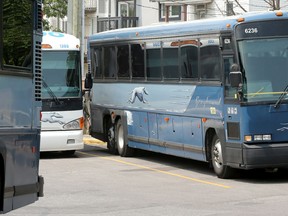 Greyhound buses at the former bus station in downtown Ottawa in 2018.