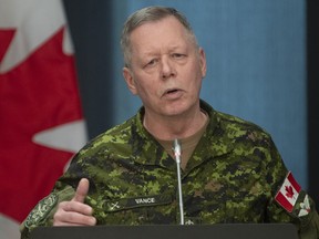 Then-Chief of Defence Staff Jonathan Vance speaks to the media in Ottawa, Monday, March 30, 2020.