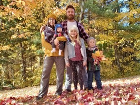 A family photo shows Sam Lavoie-Commanda, 28, with partner Karley Arlen Meloche and children, Hugo (21 months), Eve (9), and Casey (5).