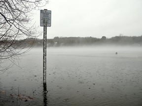 A file photo shows a water-measuring stick sitting partially submerged in the Ottawa River at Constance Bay in the spring of 2020.