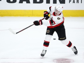 Ottawa Senators' Brady Tkachuk (7) warmups before a NHL game versus the Edmonton Oilers at Rogers Place in Edmonton, on Friday, March 12, 2021. Photo by Ian Kucerak