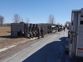 The Lanark County OPP detachment at the scene of a transport truck rollover 12th Concession of Pakenham on March 15, 2021.