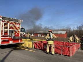Firefighters are battling a fire in an agricultural building on Renaud Road near Blackburn Hamlet.