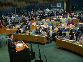 Prime Minister Justin Trudeau addresses the UN General Assembly on New York in 2017. Canada missed out on a Security Council seat – a reflection of our diminished status.