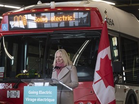 Infrastructure Minister Catherine McKenna announces more funding for cities to buy electric buses in Ottawa on March 4, 2021.