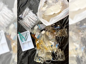 Pictured is one week of medical waste from one woman receiving treatments at home.