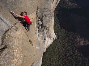 Alex Honnold free solo climbing on El Capitan's Freerider in Yosemite National Park, becoming the first person to climb El Capitan without a rope. The climb was the subject of the documentary film, Free Solo.