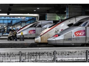 In this photo taken on Jan. 2, 2020 TGV trains of French national railway operator SNCF are seen at Gare Montparnasse train station in Paris.