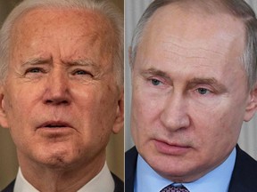 (COMBO) This combination of pictures created on March 17, 2021 shows US president Joe Biden and Russian president Vladimir Putin