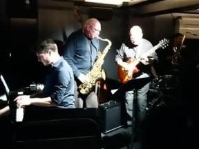 Ottawa saxophonist Bernard Stepien, centre, jamming in Strasbourg in 2019 with Ottawa-area guitarist Pierre Monfils