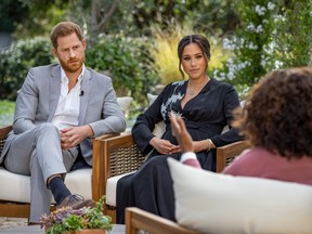 Prince Harry and Meghan, Duchess of Sussex, are interviewed by Oprah Winfrey in this undated handout photo.