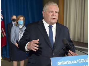 Ontario Premier Doug Ford speaks at Queen's Park on Jan. 12 to announce a state of emergency and stay-at-home order for Ontario. Balancing economic needs and health care has proven tricky.