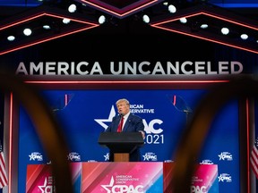 Former U.S. President Donald Trump speaks during the Conservative Political Action Conference (CPAC) in Orlando, Florida, U.S., on Sunday, Feb. 28, 2021. Trump rejected the idea of starting a third political party and instead teased the idea of a 2024 run in a speech Sunday at a conservative conference.