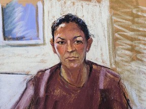 Sketch of Ghislaine Maxwell appearing via video link during her arraignment hearing where she was denied bail for her alleged role aiding Jeffrey Epstein to recruit and eventually abuse of minor girls, in Manhattan Federal Court, New York, July 14, 2020.
