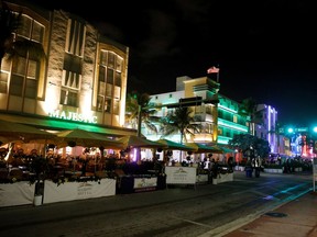 A view shows an empty Ocean Drive after an 8 pm curfew was imposed by local authorities in an effort to control spring break crowds amid the coronavirus disease (COVID-19) pandemic, in Miami Beach