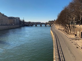 Empty Seine river banks are seen after police forced crowds of people not respecting social distancing to leave, amid COVID-19 pandemic, on a sunny afternoon in Paris, France on Saturday.