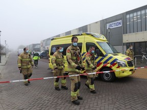 Emergency responders secure the area at the scene of an explosion at a coronavirus disease (COVID-19) testing location in Bovenkarspel, near Amsterdam, Netherlands March 3, 2021.