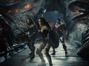 From left, Jason Momoa, Gal Gadot and Ray Fisher in Justice League.