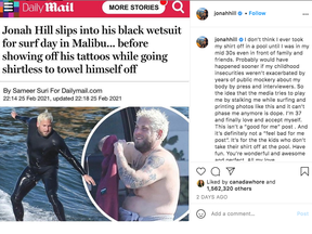 Jonah Hill shared a screenshot of paparazzi photos which show him shirtless after going surfing in Malibu, California.