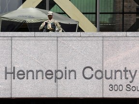 Files: A National Guard soldier is seen outside the Hennepin County Government Center as jury selection continues in the trial of former police Derek Chauvin, who is facing murder charges in the death of George Floyd, in Minneapolis, Minnesota, March 22, 2021.