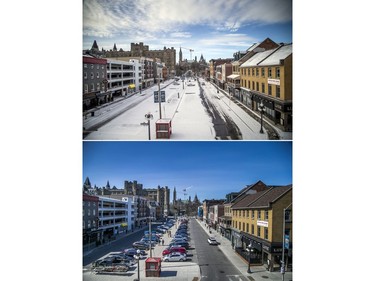 A combination view of the ByWard Market on Day 1 of Ontario's COVID-19 shutdown on Saturday compared with the same location on Day 1 of an earlier shutdown on Dec. 26.