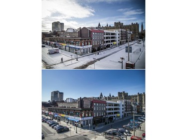 A combination view of the ByWard Market on Day 1 of Ontario's COVID-19 shutdown on Saturday compared with the same location on Day 1 of an earlier shutdown on Dec. 26.