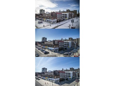 Three views of the ByWard Market, top to bottom: December 26, 2020, during lockdown; April 3, 2021, during shut down; April 10, while stay-at-home orders were in effect.