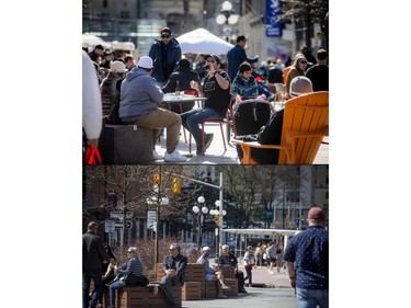 Two views of the ByWard Market, top to bottom: April 3, 2021, during shut down; April 10, while stay-at-home orders were in effect.
