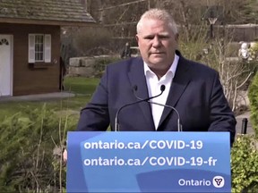 Premier Doug Ford said Thursday in a virtual press conference while self-isolating he has ordered his team to come up with a new plan to cover sick days for people who are ill during the COVID-19 pandemic after his government originally declined to pursue the coverage. Screengrab photo