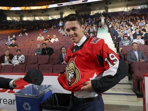 Shane Pinto after being selected 32nd overall by the Ottawa Senators during the 2019 NHL Draft at Rogers Arena on June 22, 2019 in Vancouver, Canada.