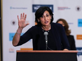 CDC Director Dr. Rochelle Walensky speaks to the press after visiting the Hynes Convention Center FEMA Mass Vaccination Site on March 30, 2021 in Boston, Massachusetts.