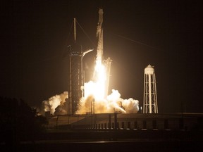 CAPE CANAVERAL, FL - APRIL 23: In this NASA handout, A SpaceX Falcon 9 rocket carrying the company's Crew Dragon spacecraft is launched on NASAs SpaceX Crew-2 mission to the International Space Station.