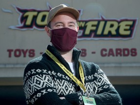 Grayson Dougherty, the manager at Toys on Fire in Barrhaven, says the store should get through this new closure since they've grown their online business and people are really into games during the pandemic lockdowns. Julie Oliver/Postmedia