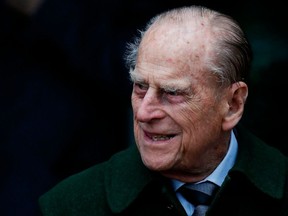 Taken on Dec. 25, 2017 Britain's Prince Philip, Duke of Edinburgh leaves after attending Royal Family's traditional Christmas Day church service at St Mary Magdalene Church in Norfolk, England.