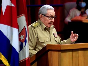 Picture released by Cuban News Agency (ACN) of Cuban First Secretary of the Communist Party Raul Castro speaking during the opening session of the 8th Congress of the Cuban Communist Party at the Convention Palace in Havana, on April 16, 2021.